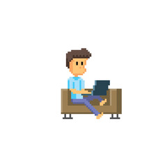 A young man sits on the couch and works with a laptop. Pixel art icon. Old school computer graphic. 8 bit video game.