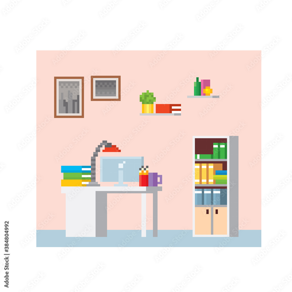 Wall mural interior of a modern office. pixel art. old school computer graphic. 8 bit video game. game assets 8