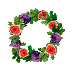 Colorful watercolor round frame with figs and leaves. Design for packaging, instagram, banners, stories, cards and posters.