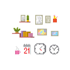 Interior icons set. Shelf, book, home plant, bottle. Pixel art icons set. Old school computer graphic. 8 bit video game. Game assets 8-bit sprite.