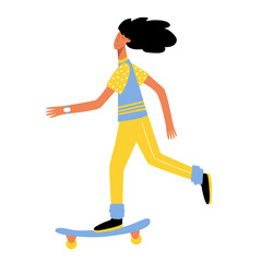 A girl rides a skateboard on a summer day
