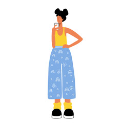 Single young girl character with mobile phone