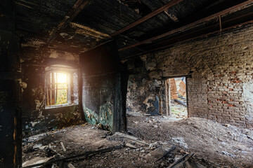 Fototapeta na wymiar Interior of old historical mansion after fire