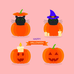 This is a set of vector illustration of a cat and a candle in a pumpkin on a light background. Flat style. Could be used for flyers, postcards, banners, holidays, etc.