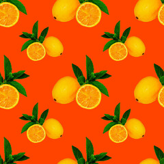 Large, square pattern with lemon and mint leaves on a red background, for design and advertising