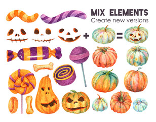 Watercolor Halloween. Jack-O-Lantern constructor. Sweet striped candy, lollipop, purple sweets, gummy worm. Orange turquoise pumpkin.