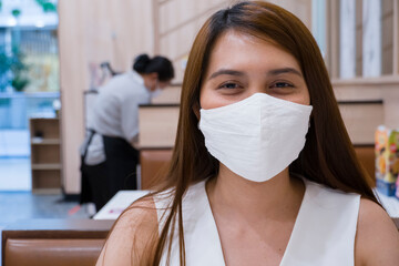 working young, generation lady, gadget gen, face female, z, health hipster, safety sick, influenza, distance, cafeteria, danger, tourist, corona, prevention, restaurant, wearing, medical mask, drink, 