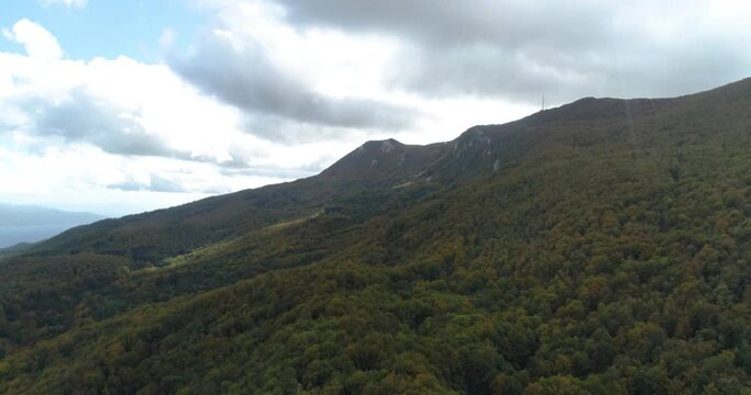 Aerial view of mountain covered in dense forest