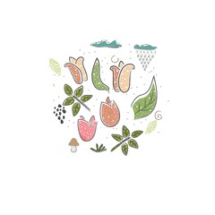 Cute Icon with Leaves and Flowers. Collection of Leaves. Hand Drawn Scandinavian Style. Vector Illustration