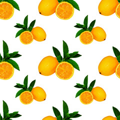 Large, square pattern with lemon and mint leaves on a white background, for design and advertising