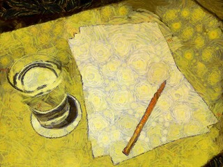 Water glass Paper and pencils on the table Illustrations creates an impressionist style of painting.