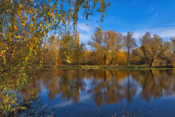 Obraz premium Autumn forest lake reflection landscape