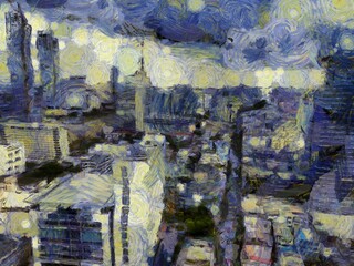 Bangkok city landscape Illustrations creates an impressionist style of painting.