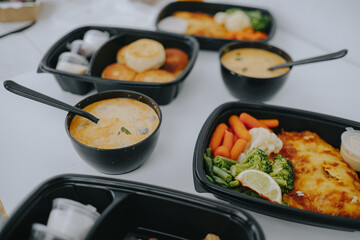 Food delivery from the restaurant. Tom Yam soup, steamed vegetables, salad