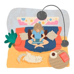 Girl freelancer works from home, sits on a sofa, interior apartment. Home office during a coronavirus pandemic. Vector illustration