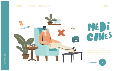 Wrong Medicines Care, Flu Disease Landing Page Template. Sick Male Character Wearing Warm Scarf Sit at Home in Armchair