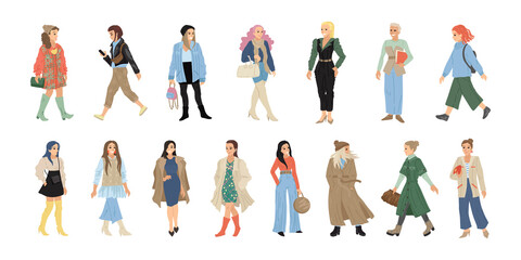 Set of women characters in different clothes on a white background. Vector illustration