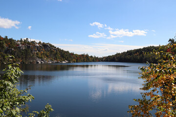lake in the mountains during autumn with reflection of the tree 