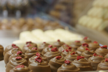 Patern of many different chocolate pralines in showcase at store
