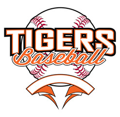 Tigers Baseball Design With Banner and Ball is a team design template that includes a softball graphic, overlaying text and a blank banner with space for your own information. Great for advertising an