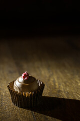 Single spot lighted rasberry toped chocolate praline on a wooden shelf