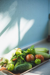 vegetables picked from the garden in a flat plate