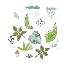 Cute Icon with Leaves. Collection of Leaves. Hand Drawn Scandinavian Style. Vector Illustration