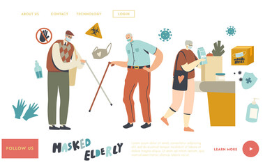 Aged Friends Non-contact Greet Landing Page Template. Senior Characters in Mask and Greeting Each Other with Canes