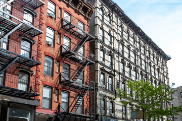 Outdoor view of a block of historic buildings on Orchard Street in the Lower East Side neighborhood...