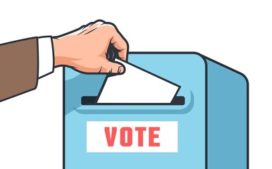 Hand drops ballot into vote box. Presidential election poster. Voting in elections. Vector retro illustration.