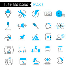 Vector set of different blue business icon with megaphone and glasses