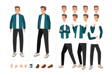 Man cartoon character for motion design with facial expressions, hand gestures, body and leg movement
