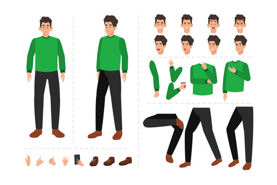 Young Man Character With Various Facial Expressions, Hand Gestures, Body And Leg Movement. Cartoon Character For Motion Animation