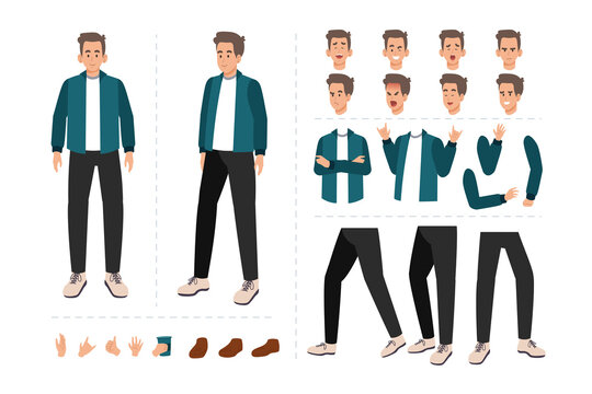 Man cartoon character for motion design with facial expressions, hand gestures, body and leg movement