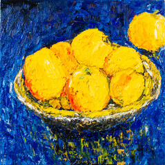 original painting Golden apples in a vase on a blue background. oil on canvas 30 x 30 cm