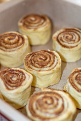 Rolled cinnamon dough on a baking sheet in the oven.