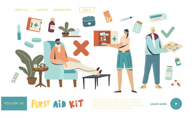 Drugs Storage, Seasonal Illness, Flu Sickness Landing Page Template. Sick Young Man Having Cold. Ill Male with Medicine