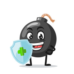 vector illustration of bomb character of mascot holding shield for protection