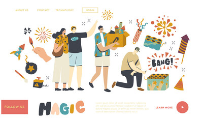 Happy Characters Enjoying Fireworks Landing Page Template. Christmas or New Year Holiday Celebration, Man Carry Petards