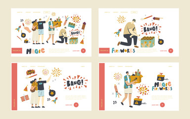 Characters Enjoying Fireworks Landing Page Template Set. Christmas or New Year Celebration, Man Carry Box with Petards