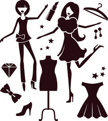 Set Of Fashion model Vector Icon in black and white