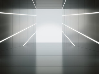 Empty space for products show in white room with Neon lights. 3d rendering.