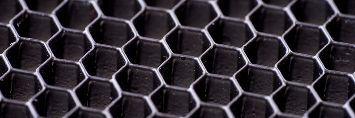 Panoramic black hexagon mosaic background. Hexagon black texture
