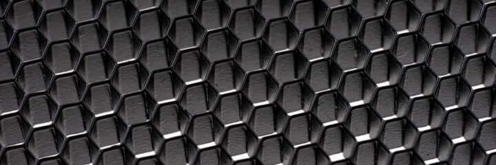 Panoramic black hexagon mosaic background. Hexagon black texture