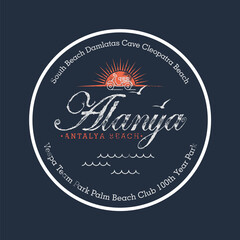 Alanya beach. T-shirt and apparel vector design, typography, print, label, poster.