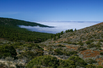 Fototapeta na wymiar Blick hinunter auf Berglandschaft mit weißen Wolken
