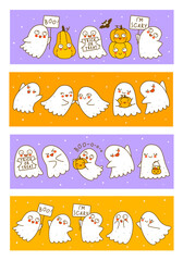 Fototapeta premium Set of horizontal panoramic banners with cute little ghosts and pumpkins isolated on white background - cartoon characters borders for funny Halloween design