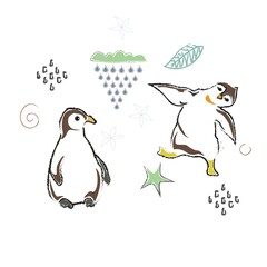 Cute Winter Icon with penguins. Hand Drawn Scandinavian Style. Vector Illustration