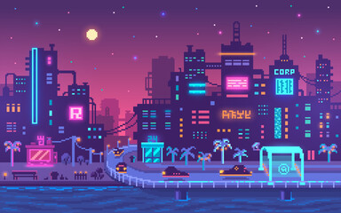 Pixel Art Cyberpunk Metropole Hintergrund.