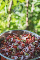 Shepherd salad mixed with minced onions tomatoes, peppers, cucumbers and seasoned with olive oil and lemon juice. Turkish Coban salata